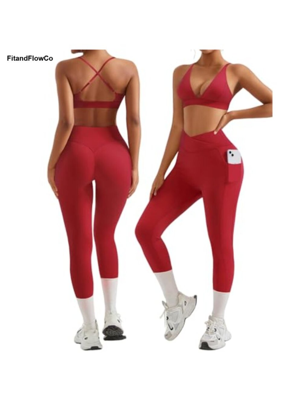 Workout Set Strappy Sports Bra High Waist Scrunch Leggings with Pockets